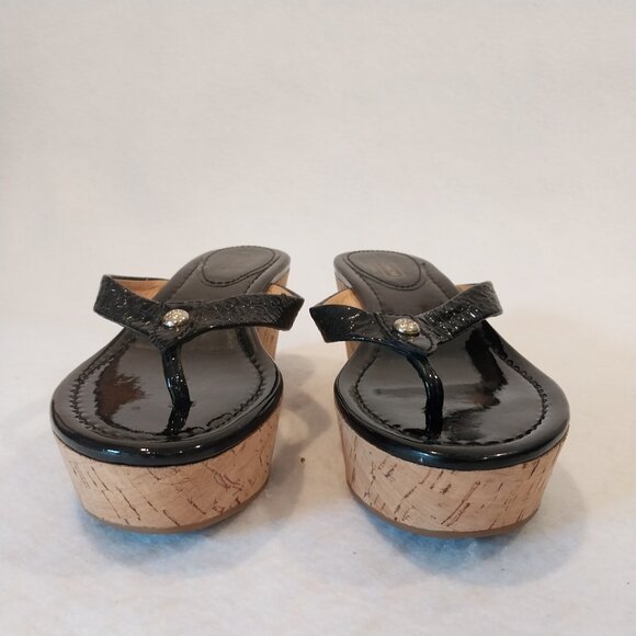 Coach 6.5 Strappy Sandal Wedge Cork Black Patent Leather Jorgina Signature Thong - Picture 6 of 13